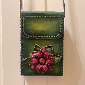 Polished burled leather crossbody rectangle shape box purse red flower